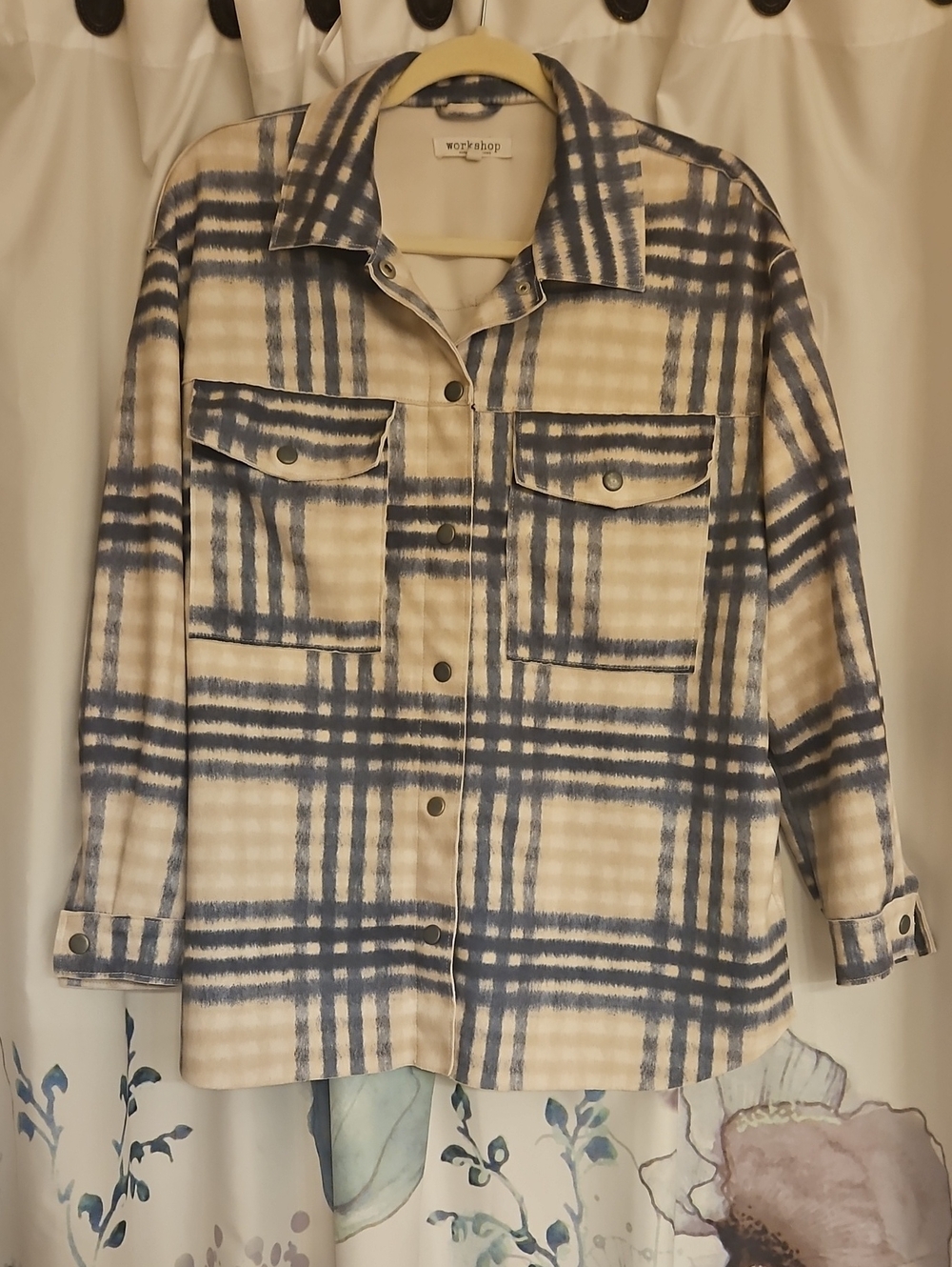 Workshop Republic Clothing Cream and Blue Plaid Utility Shacket